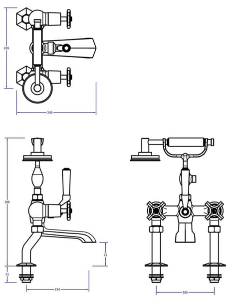 Technical image of Crosswater Waldorf Basin & Bath Shower Mixer Tap Pack (Chrome Handles).