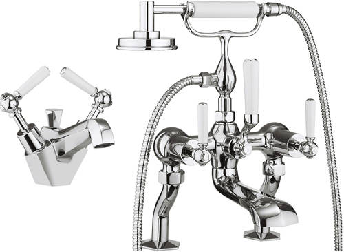 Larger image of Crosswater Waldorf Basin & Bath Shower Mixer Tap Pack (White Handles).