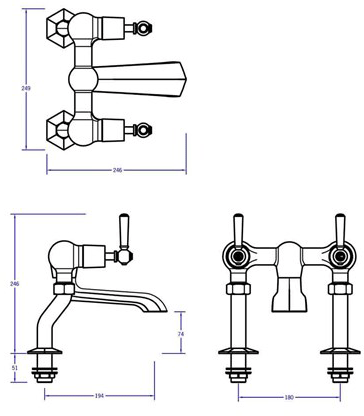 Technical image of Crosswater Waldorf 3 Hole Basin Mixer & Bath Filler Taps (White Handles).