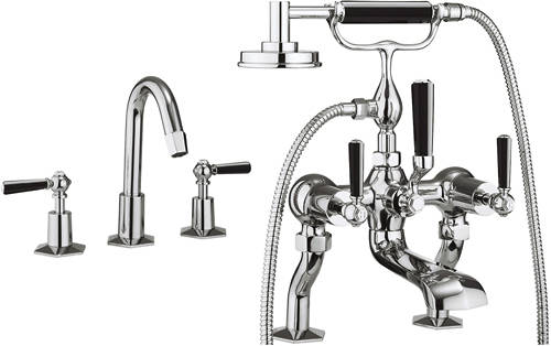 Larger image of Crosswater Waldorf 3 Hole Basin & Bath Shower Mixer Tap (Black Handles).