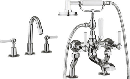 Larger image of Crosswater Waldorf 3 Hole Basin & Bath Shower Mixer Tap (White Handles).