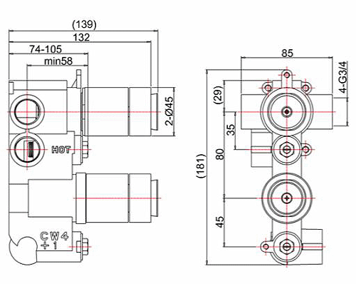 Technical image of Crosswater Waldorf Thermostatic Shower Valve (2 Outlet, Chrome & Black).