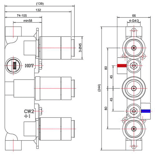 Technical image of Crosswater Waldorf Thermostatic Shower Valve (2 Outlet, Chrome & Black).