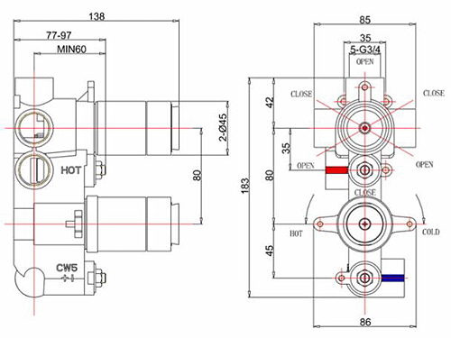 Technical image of Crosswater Waldorf Thermostatic Shower Valve (3 Outlet, Crosshead).