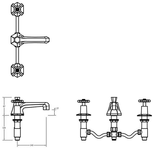 Technical image of Crosswater Waldorf 3 Hole Basin & Bath Shower Mixer Tap Pack With Kit.