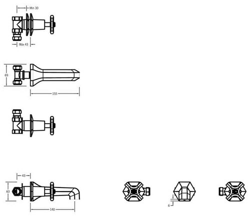 Technical image of Crosswater Waldorf Wall Mounted Basin & Bath Filler Tap Pack (Chrome).