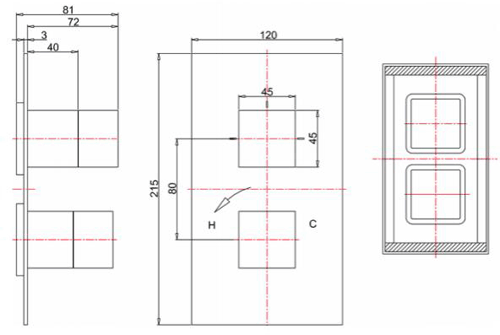 Technical image of Crosswater Water Square Thermostatic Shower Valve (1 Outlet).