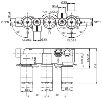 Technical image of Crosswater Water Square Thermostatic Shower Valve (3 Outlets, Chrome).