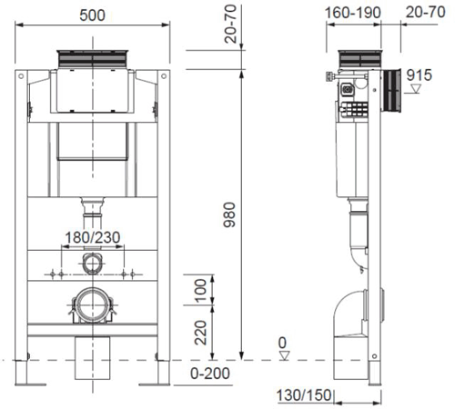 Technical image of Crosswater Parts Wall Hung Toilet Support Frame With Cistern (980mm High).