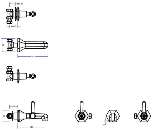 Technical image of Crosswater Waldorf Wall Mounted 3 Hole Basin Tap & Black Lever Handles.