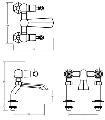 Technical image of Crosswater Waldorf Bath Filler Tap With Crosshead Handles (Chrome).
