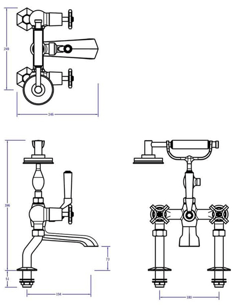 Technical image of Crosswater Waldorf Bath Shower Mixer Tap With Black Lever Handles.