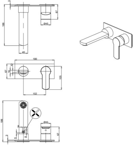 Technical image of Crosswater Wisp Wall Mounted Basin Mixer Tap (Chrome).