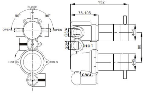 Technical image of Crosswater Wisp Shower Valve With 2 Outlets & Diverter (Chrome).