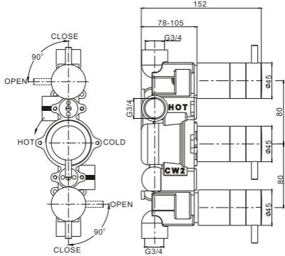 Technical image of Crosswater Wisp Shower Valve With 2 Outlets & Diverter (Matt Black).
