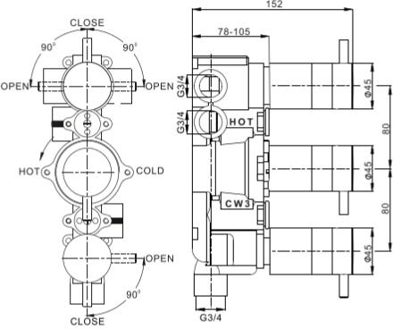 Technical image of Crosswater Wisp Shower Valve With 3 Outlets & Diverter (Chrome).