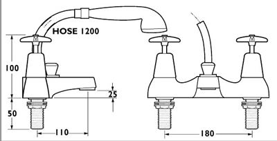 Technical image of Deva Cross Handle Bath Shower Mixer Tap With Shower Kit.