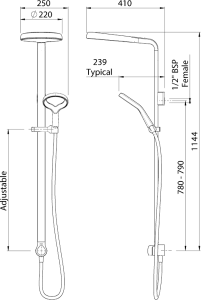 Technical image of Methven Aurajet Aio Shower System (Chrome & White).