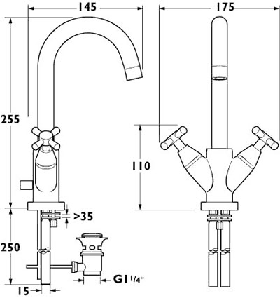 Technical image of Deva Apostle Mono Basin Mixer Tap With Swivel Spout And Pop Up Waste.