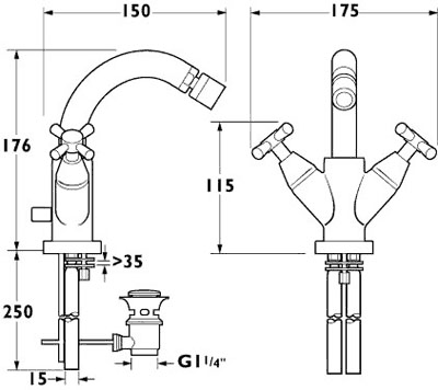 Technical image of Deva Apostle Mono Bidet Mixer Tap With Swivel Spout And Pop Up Waste.