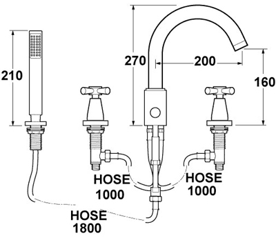 Technical image of Deva Apostle 4 Hole Bath Shower Mixer Tap.