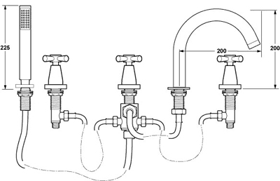 Technical image of Deva Apostle 5 Hole Bath Shower Mixer Tap.