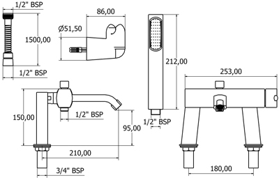 Technical image of Deva Azeta Bath Shower Mixer Tap With Shower Kit.