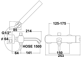 Technical image of Deva Azeta Wall Mounted Bath Shower Mixer Tap With Shower Kit.