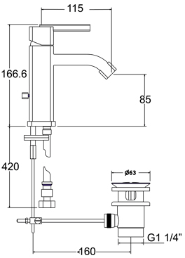 Technical image of Deva Azeta Mono Basin Mixer Tap With Pop Up Waste.