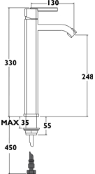 Technical image of Deva Azeta Single Lever High Rise Mixer Tap.