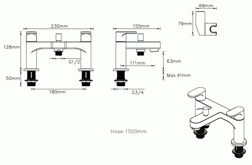 Technical image of Methven Breeze Bath Shower Mixer Tap With Kit (Chrome).