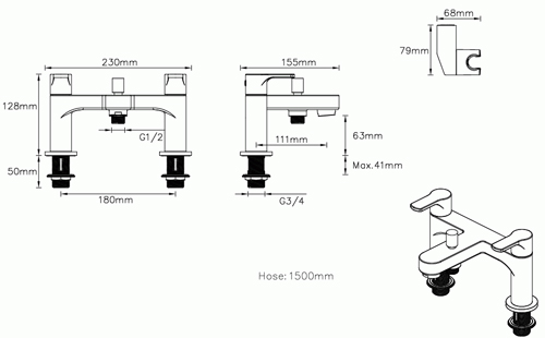 Technical image of Methven Cari Bath Shower Mixer Tap With Kit (Chrome).