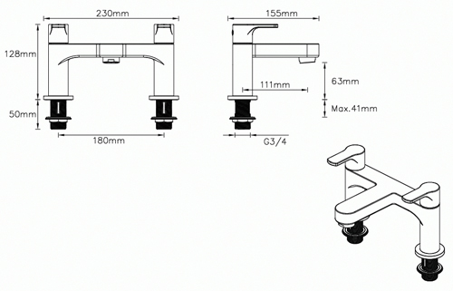 Technical image of Methven Cari Basin & Bath Filler Tap Pack (Chrome).