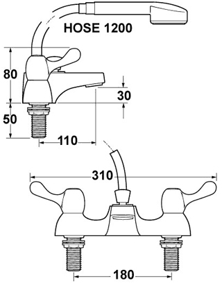 Technical image of Deva Lever Action Lever Bath Shower Mixer Tap With Shower Kit.