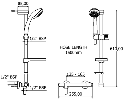 Technical image of Deva Combi Modern Thermostatic Shower Kit (Chrome).