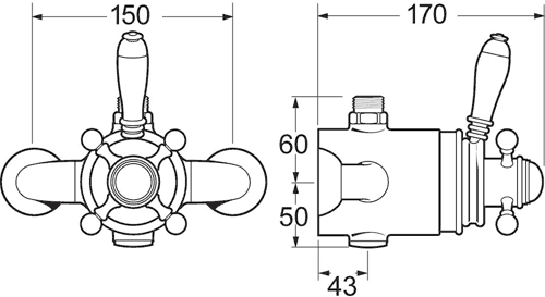 Technical image of Deva Georgian TMV2 Thermostatic Exposed Shower Valve Kit (Chrome).