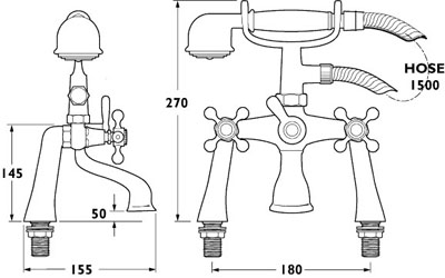 Technical image of Deva Consort Bath Shower Mixer Tap With Shower Kit (Chrome).