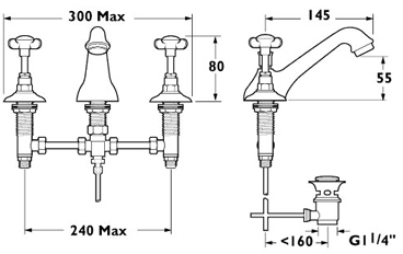 Technical image of Deva Coronation 3 Hole Basin Mixer Tap With Pop Up Waste (Chrome).