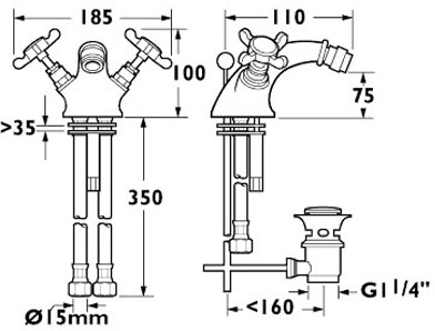 Technical image of Deva Coronation Mono Bidet Mixer Tap With Pop Up Waste (Chrome).