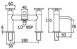 Technical image of Deva Crux Bath Shower Mixer Tap With Shower Kit And Wall Bracket (Chrome).