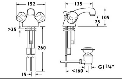 Technical image of Deva Profile Mono Basin Mixer Tap With Pop Up Waste (Gold).