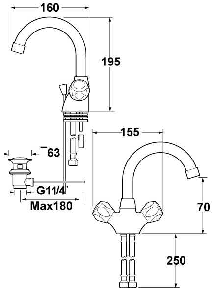 Technical image of Deva Profile Mono Basin Mixer Tap With Swivel Spout & Pop Up Waste (Chrome).