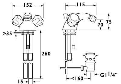 Technical image of Deva Profile Mono Bidet Mixer Tap With Pop Up Waste (Gold).