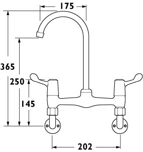Technical image of Deva Lever Action 3" Lever Bridge Sink Tap, Wall Mounted.