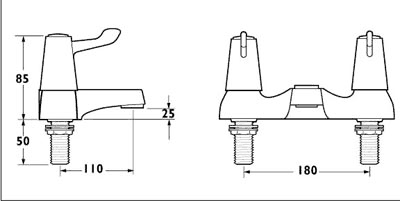 Technical image of Deva Lever Action Lever Bath Filler Tap With 6" Long Handles.