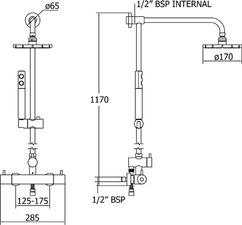 Technical image of Deva Dynamic Thermostatic Shower Set With Valve, Riser & Head.