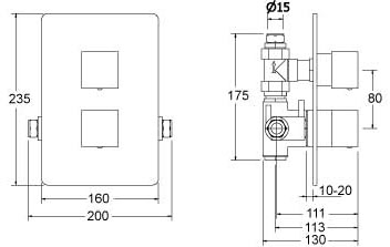 Technical image of Deva Edge 1/2" Twin Concealed Thermostatic Shower Valve (Chrome).