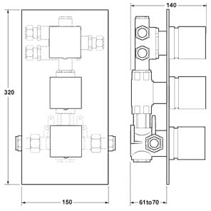 Technical image of Deva Edge 1/2" Triple Concealed Thermostatic Shower Valve (Chrome).