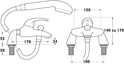 Technical image of Deva Elan Bath Shower Mixer Tap With Shower Kit.