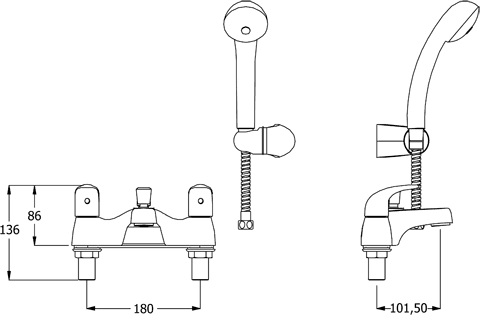 Technical image of Deva Elan Bath Shower Mixer Tap With Shower Kit (Chrome).